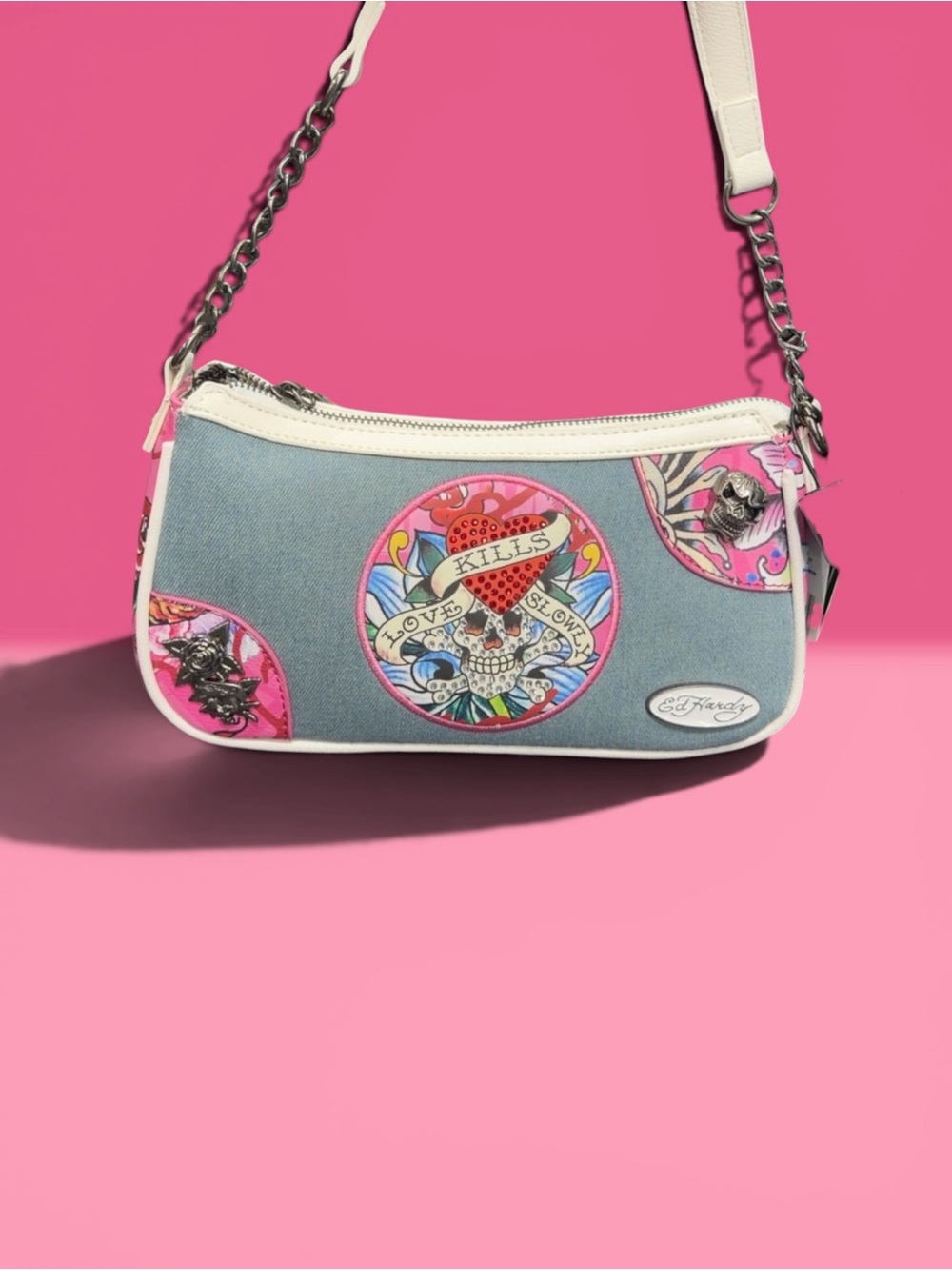 Ed Hardy Light Blue and Pink Skull Patch Shoulder Bag